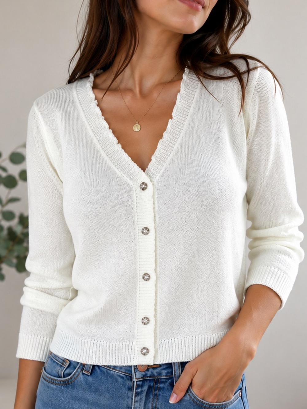 Ivory Ruffle-Trim V-Neck Button Cardigan